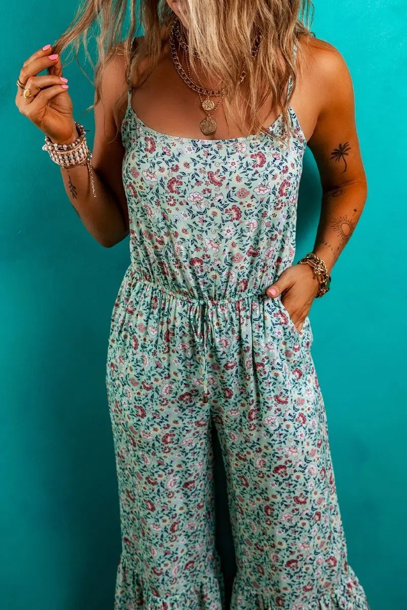Green Bohemian Floral Ruffle Bottom Spaghetti Strap Jumpsuit - Love Salve